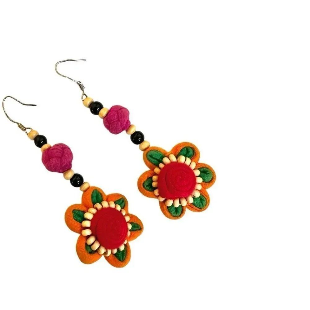 Cloth and bead flower earrings